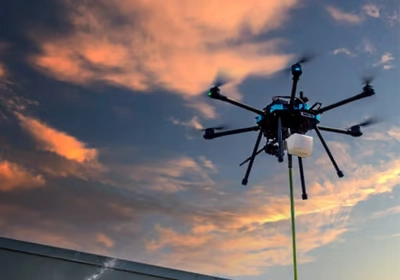 Drone realizando limpeza com jato de pressão